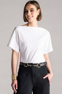 PAULA RYAN Waisted Boat Neck Top Microjersey - White