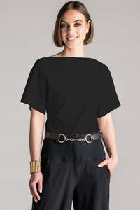 PAULA RYAN Waisted Boat Neck Top Microjersey - Black