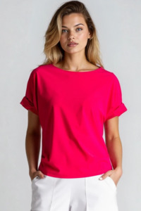 PAULA RYAN Ruched Sleeve Side Tuck Top - Electric Pink Microjersey