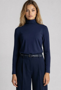 Tops: PAULA RYAN Zip Neck Long Sleeve Polo Top - EcoVero Navy
