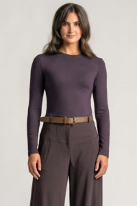 Tops: PAULA RYAN Silm Fit Crew Neck Top - Merino Cocoa Plum