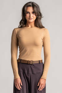 Tops: PAULA RYAN Slim Fit Crew Neck Top - Merino Camel