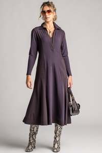PAULA RYAN V-Neck Collared Dress - Cocoa Plum Merino/Microjersey