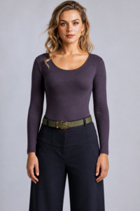 PAULA RYAN Slim Fit Scoop Neck Top - Merino Cocoa Plum