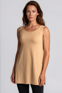 PAULA RYAN Long Loose Fit Singlet - Camel Merino