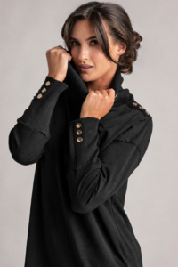 Tops: PAULA RYAN Gold Studded Roll Neck Jumper - Black Merino