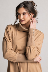 PAULA RYAN Gold Studded Roll Neck Jumper - Camel Merino
