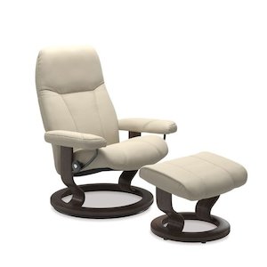 The Stressless Consul Collection: Stressless® Consul Large Leather Recliner - Classic Base (Batick Cream Wenge base)