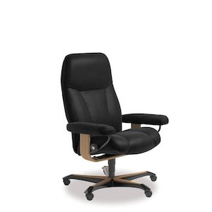 Stressless® Consul Leather Home Office Chair (Batick Black, Oak base)