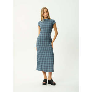 Afends: AFENDS POSITION ELODIE SEERSUCKER MIDI DRESS - NAVY CHECK