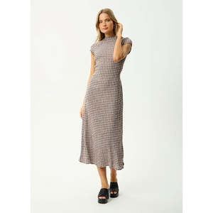 Afends: AFENDS BASE ELODIE SEERSUCKER MIDI DRESS - COFFEE CHECK