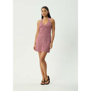 Apparel: AFENDS BASE MONTANA SEERSUCKER HALTER MINI DRESS - BURGUNDY CHECK