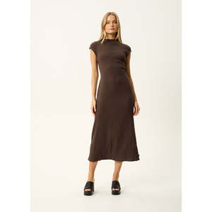 AFENDS FOCUS ELODIE SEERSUCKER MIDI DRESS - COFFEE