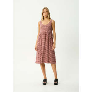 Afends: AFENDS CAPRICORN SEERSUCKER MIDI DRESS - BURGUNDY/BEIGE CHECK
