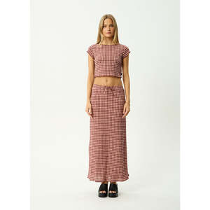 AFENDS CAPRICORN SEERSUCKER MAXI SKIRT - BURGUNDY/BEIGE CHECK