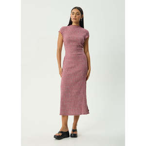 AFENDS BASE ELODIE SEERSUCKER MIDI DRESS - BURGUNDY CHECK