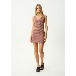 AFENDS CAPRICORN SEERSUCKER MINI DRESS - BURGUNDY/BEIGE CHECK
