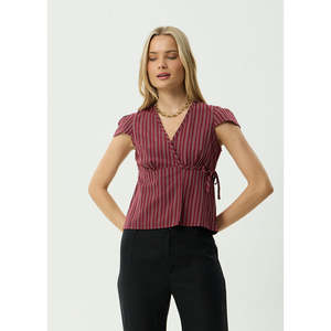AFENDS LEDGER WRAP TOP - BURGUNDY STRIPE