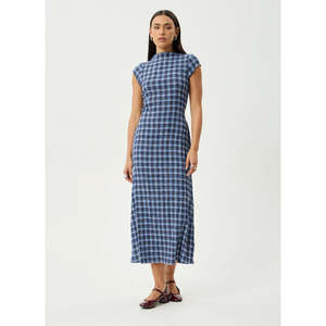 Afends: AFENDS MOUNTAINS ELODIE SEERSUCKER MIDI DRESS - NAVY RED CHECK
