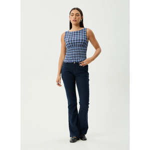 Womens Tops: AFENDS MOUNTAINS SEERSUCKER SLEEVELESS TOP - NAVY RED CHECK
