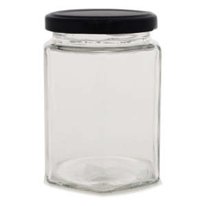 Hex Glass Jar 380ml W Black RSB Button Lid