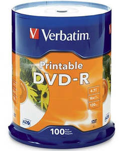 Media: Verbatim DVD-R 4.7GB 16x White Printable 100 Pack on Spindle