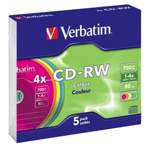 Media: Verbatim CD-RW 700MB 2-4x Multi Colour 5 Pack with Slim Cases