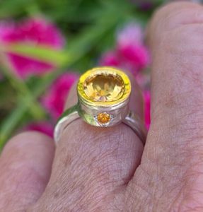Products: Empress Ring. 11mm x 9mm citrine, orange sapphires, 24ct gold and silver. Size P 1/2 - Penelope Barnhill Jewellery