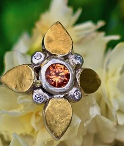 Products: Florette ring, spessartite garnet, diamonds, silver, and 24ct gold. Size O 1/2 - Penelope Barnhill Jewellery