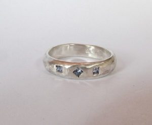 Products: Three princess cut sapphire ring, sterling silver. Size Q - Penelope Barnhill Jewellery