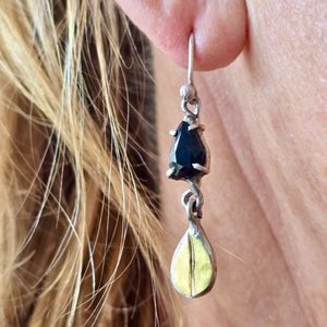Forest Nymph earrings. black sapphire pear, silver and 24ct - Penelope Barnhill Jewellery