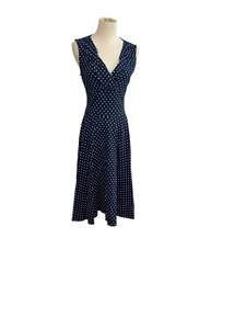 Sz8: UNIQUE VINTAGE NAVY POLKADOT DRESS | 6-8