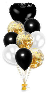 Adult Party Balloons: 9 pcs gold and black confetti balloons - Set B