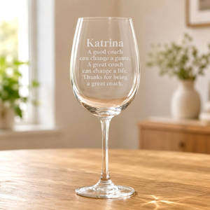 Personalised Gifts: Personalised Coach Wine Glass with Name and Quote