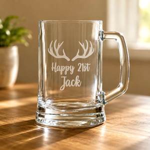 Engraved Drinkware: Engraved 21st Birthday Beer Handle with Antler Design