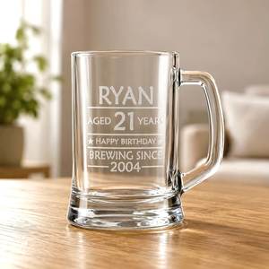 Personalised Glass Beer Mug 21st Birthday Gift