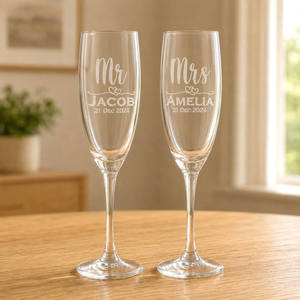 Personalised Engraved Champagne Flutes: Personalised Mr & Mrs Champagne Flutes