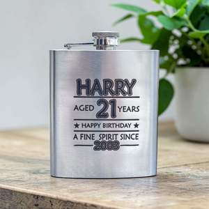 Personalised Hip Flasks: Engraved Birthday Hip Flask with Name and Age