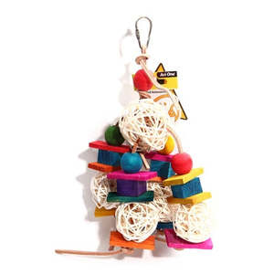 Bird Toys: Leather Rope With Rattan Ball & Coloured W/ Block