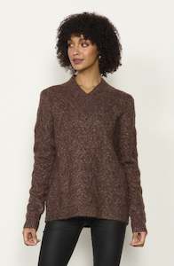 Jumpers: Textured Knit With Crossover Neck Jumper - Brown