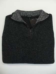 Knitwear: 1/4 Zip Rib Wool Sweater - Charcoal Marle