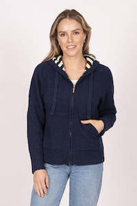 Zip Front Hoodie with Stripe Hood - Navy/Lemon