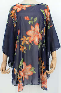 Fashion Tops: Chiffon Flower Overtop - Navy/ Orange Floral