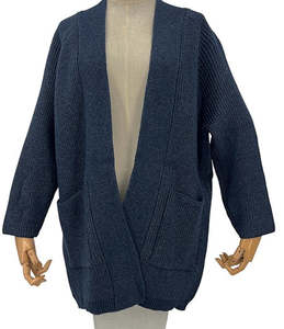 Cardigans: Knit Rib Cardigan - Navy Marle