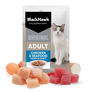 Cat Wet Food: Black Hawk Original Adult Chicken & Seafood in Gravy Wet Cat Food