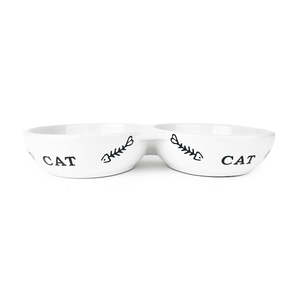 Cattitude Ceramic Cat Double Bowl Fishbone White