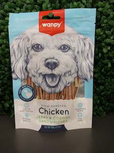 Best Selling: WANPY DOG CHICKEN JERKY AND CODFISH SANDWICHES 100GM