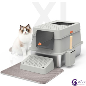 Cat Litter: CatZest Stainless Steel Litter Box with Lid, Front Entry Top Exit Kitty, Extra Large Enclosed Metal Litter Box with Litter Scoop & Ramp