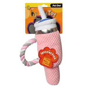 Pet One Dog Toy - Plush Pink Bottle with Straw 15 x 28cm