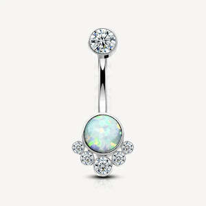 Titanium Belly Button Piercing Ring With Bezel Opal & CZ Clusters